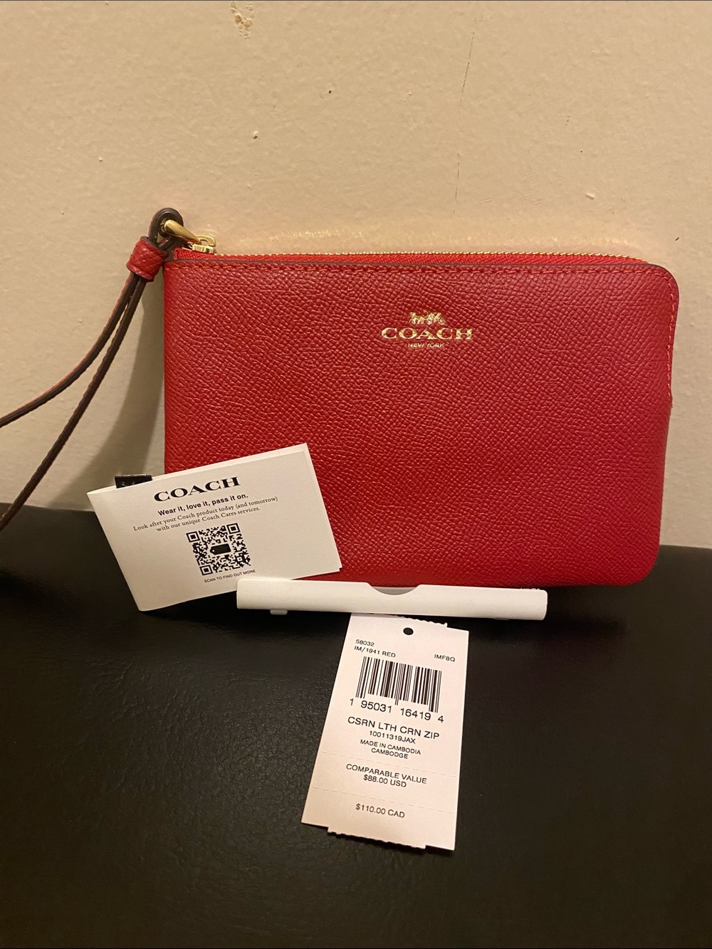 Coach Red Leather Zip Wristlet with Gold Logo
